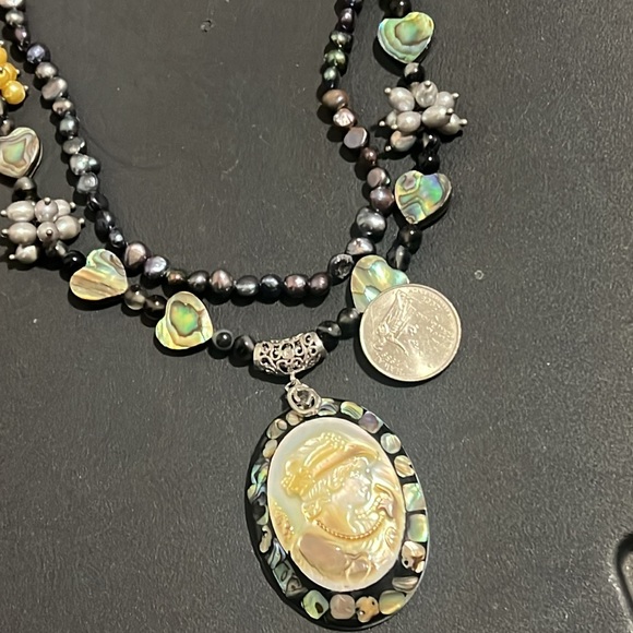 Vintage Peacock Pearl MOP Abalone Multi Strand Victorian Lady Cameo Necklace - Picture 8 of 8